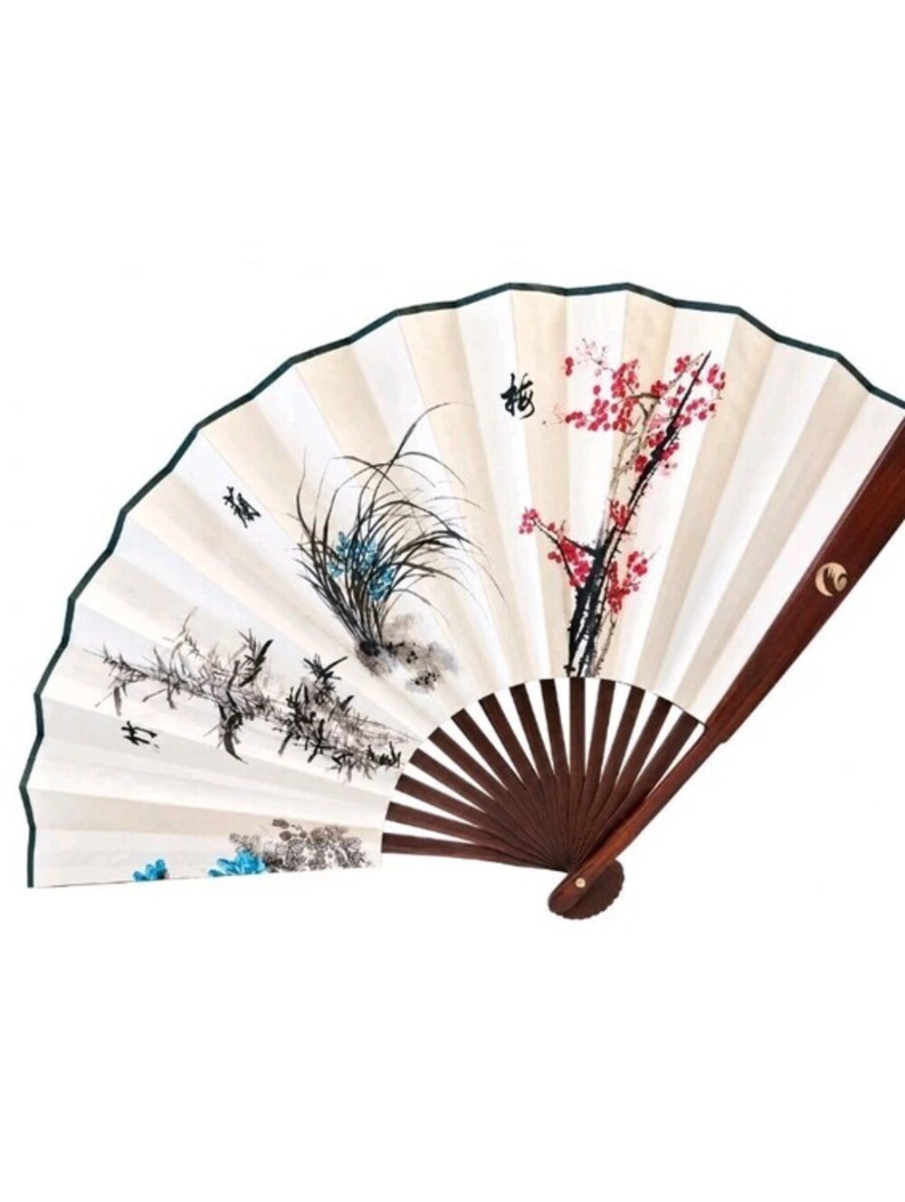 Chinese Folding Fan Gold East Paper Jiangsu Calligraphy Floral Bamboo 17"